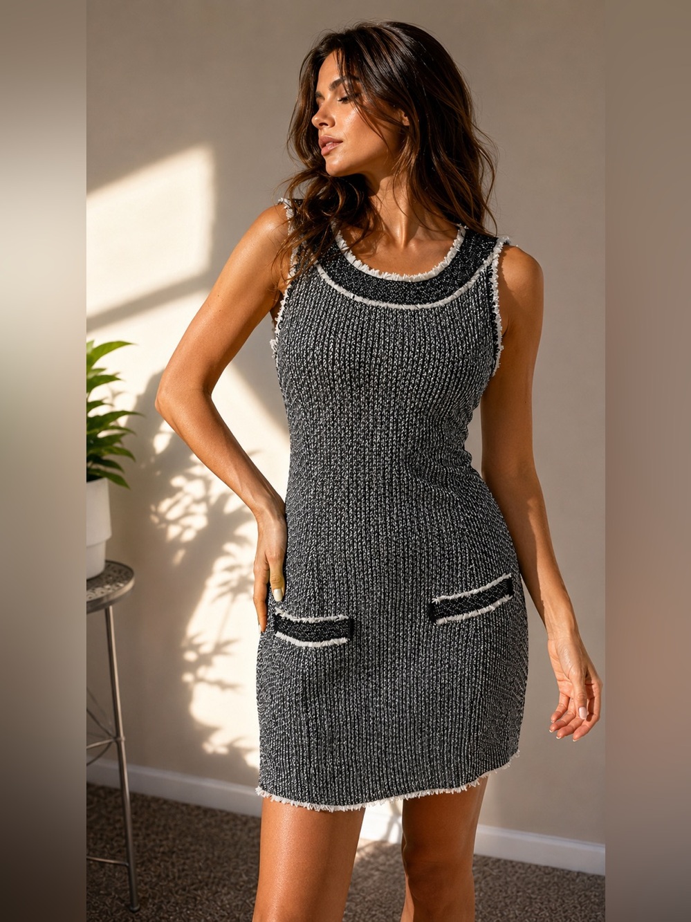 Bailey 44 Black White Tweed Knit Sleeveless Mini Dress Size 8 Chic Quiet Luxury